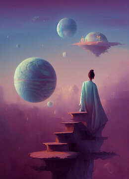 woman sitting on stairs in sky  looking at fantasy surreal strange world, digital art, illustration