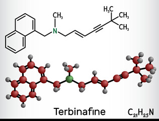 Terbinafine molecule. It is allylamine antifungal used to treat dermatophyte infections of toenails and fingernails. Structural chemical formula, molecule model. - obrazy, fototapety, plakaty