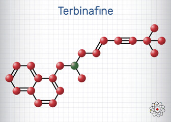 Terbinafine molecule. It is allylamine antifungal used to treat dermatophyte infections of toenails and fingernails. Sheet of paper in a cage. Structural chemical formula, molecule model