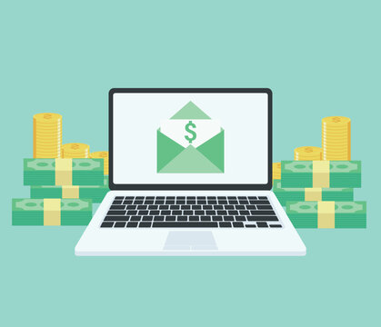 Email with income money received in laptop computer. Flat cartoon style email marketing concept isolated on blue background