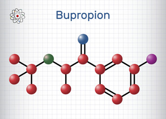 Bupropion molecule. It is aminoketone antidepressant, used in therapy of depression and smoking cessation. Structural chemical formula, molecule model. Sheet of paper in a cage.