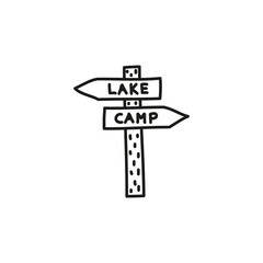 Doodle camping signpost icon.