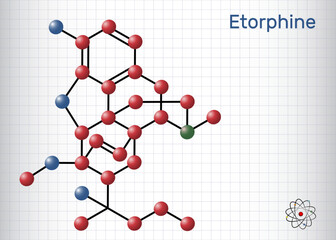 Etorphine,  M99 molecule. It is morphinane alkaloid, opioid analgesic, sedative only for veterinary use. Structural chemical formula, molecule model. Sheet of paper in a cage