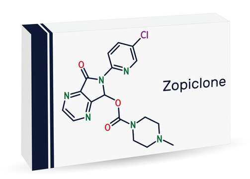 Zopiclone molecule. It is nonbenzodiazepine hypnotic, used to treat difficulty sleeping. Skeletal chemical formula. Paper packaging for drugs.