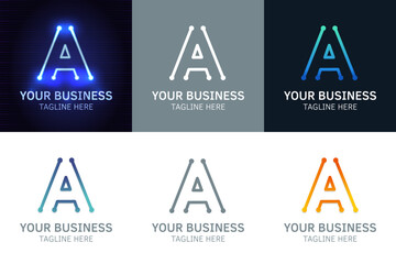 Letter A minimal logo icon design. Vector template graphic elements. Technology, digital interfaces, hardware and engineering concepts. Graphic made of circuits