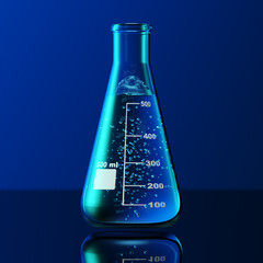 Glass chemistry lab equipment on blue background. Chemistry Lab concept. 3d 