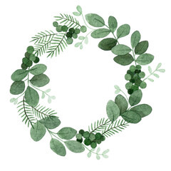 watercolor drawing. Christmas wreath. simple illustration with a wreath of twigs and leaves of eucalyptus and red berries