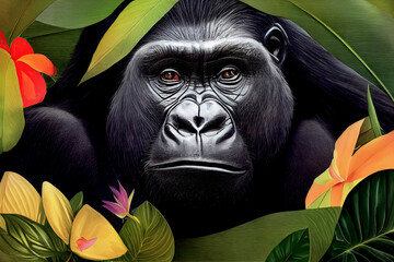 Ein Gorilla-Männchen mit kräftigen Schultern. Nahaufnahmeportrait des Gorillas in den tropischen Blumen und in den Blättern. Malerisches Porträt Tier der wild lebenden Tiere. Digitale Illustration © Viks_jin