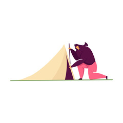 People enjoying camping rest outdoors. Flat vector illustration. Women puts up a tent. Camping, nature, weekend