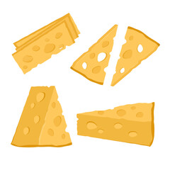 Set of holland cheeses with holes. Pieces of swiss tasty cheese in different shapes isolated on white background. Healthy organic food. Vector cartoon illustration