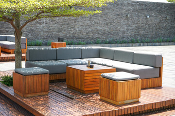 Sleeping chairs and lounge chairs by the pool and beach for lying down and relaxing rest. Foam chairs, pillow, towel, bolster. 