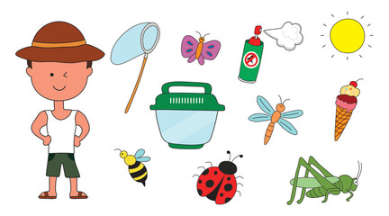 Set of children catching insects. Children summer vacation insects collection and bugs hunting equipments . Vector illustration in a flat style on a white background. All objects are isolated