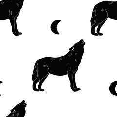 Black silhouette wildlife animals seamless patterns - deer, elk, rabbit, squirrel, moon, owl, wolf, bear. PNG transparent minimalistic 