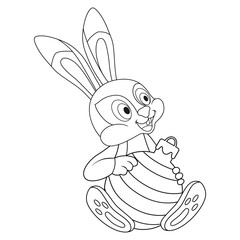 Colorless cartoon Rabbit sitting and holding Christmas Ball. Black and white template for coloring book with Bunny or Hare as symbol of 2023 Chinese New Year. Greeting card with new year art for kids.