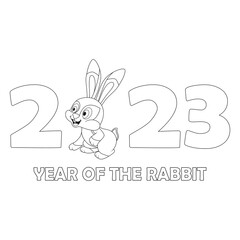 Fototapeta premium Colorless cartoon Rabbit and numbers 2023. Black and white template page for coloring book with Bunny as symbol of 2023 New Year. Black contour silhouette Hare. Worksheet or Greeting card for kids.
