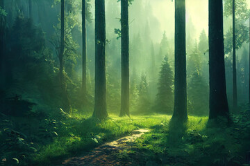 Fototapeta premium morning in the forest path in ghilbli style