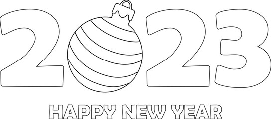 Colorless cartoon Christmas Ball among numbers 2023. Black and white template page for coloring book with Hare as symbol of 2023 New Year. Worksheet or Greeting card with new year art for kids.