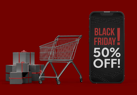 Smartphone for Black Friday Next to Shopping Cart Mockup