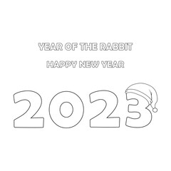 Colorless 2023 text with Christmas santa claus hat. Black and white template page for coloring book with New Year decorative objects. Black contour silhouette 2023. Worksheet, Greeting card for kids.