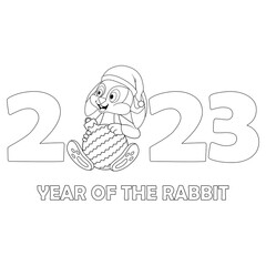 Colorless cartoon Rabbit with christmas ball sitting among 2023. Black and white template page for coloring book. Black contour silhouette Hare as symbol of New Year. Worksheet, Greeting card for kids