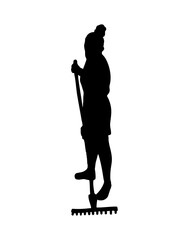 Silhouette of a woman with a rake. Gardener, farmer.