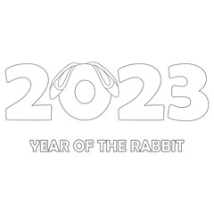 Colorless cartoon Rabbit ears on number 2023. Black and white template page for coloring book with Bunny as symbol of 2023 New Year. Black contour silhouette Hare. Worksheet or Greeting card for kids.