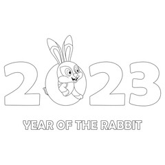 Colorless cartoon Rabbit among numbers 2023. Black and white template page for coloring book with Bunny as symbol of 2023 New Year. Black contour silhouette Hare. Worksheet or Greeting card for kids.