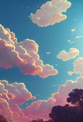 A painted anime background of a sky with fluffy pink clouds