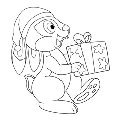 Colorless cartoon Rabbit in santa hat carry present box for celebration party. Black and white template page for coloring book with Bunny as symbol of 2023 Chinese New Year. Greeting card for kids.