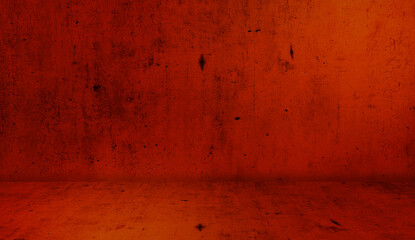 stain red grungy cement room with black rusty stained use as background. dark red grunge rough concrete wall texture backdrop. 3d dirty and weathered room. Christmas concept background.