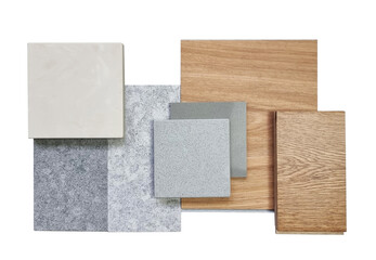 interior material samples including oak engineering flooring, vinyl flooring tile, grey grainy...