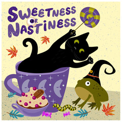 Illustration of black cats. Poster for Halloween celebration. Sweetness or nastiness. The cat sits scares the toad.