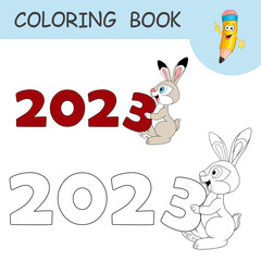 Coloring book with cartoon Rabbit carries a number three. Colorless and color example Hare as symbol of 2023 on coloring page. Worksheet, Antistress, Greeting card coloring with new year art for kids.