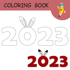 Coloring book with cartoon Rabbit ears and numbers 2023. Colorless and color example Hare as symbol of 2023 on coloring page. Worksheet, Greeting card, Antistress coloring with new year art for kids.