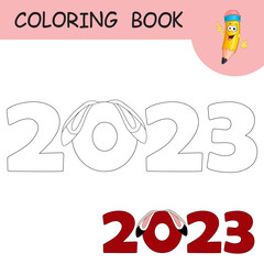 Coloring book with cartoon Rabbit ears on numbers 2023. Colorless and color example Hare as symbol of 2023 on coloring page. Worksheet, Greeting card, Antistress coloring with new year art for kids.