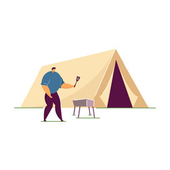 Fototapeta premium People enjoying camping rest outdoors. Flat vector illustration. Camping, nature, weekend