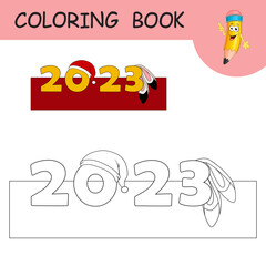 Coloring book with cartoon Rabbit ears and Santa claus hat on numbers 2023. Colorless and color example Hare on coloring page. Worksheet, Greeting card, Antistress coloring with new year art for kids.