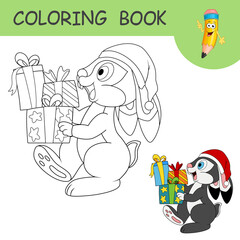Coloring book with cartoon rabbit carries a lot of gift or present boxes. Colorless and color example Hare on coloring page. Worksheet, Greeting card or Antistress coloring with new year art for kids.