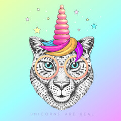 Handrawing animal cheetah wearing cute glasses with unicorn horn. T-shirt graphic print. Vector illustration