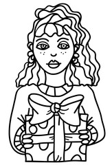 vector illustration. coloring page girl with a gift