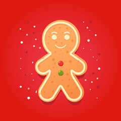 Gingerbread man. Christmas icon. Holiday winter symbol on red background in flat design. Sweet gingerbread cookie on red background with snowflakes. greeting christmas card