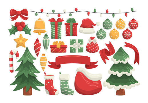 Christmas Vector Illustrations of Gifts Decorations Christmas Tree