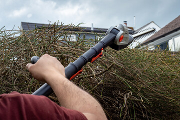 Man's arm holding battery powered hedge trimmers to clip branches and leaves from overgrown hedge.