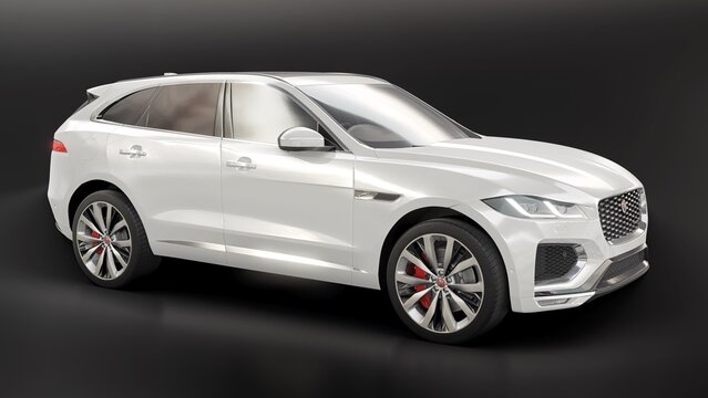 London. UK. September 10, 2022. Jaguar F-Pace R-Dynamic white premium sports crossover. 3d rendering.