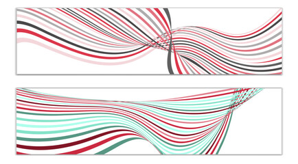Obraz premium Wavy lines or ribbons. Set of 2 covers. Multicolored striped. Creative unusual background with abstract wave lines for creating a trendy banner, poster. vector eps