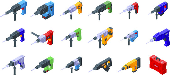 Electric hammer drill icons set isometric vector. Construction drill. Concrete hammer