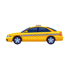 Fototapeta premium Cartoon cab view from side flat illustration. Yellow taxi car isolated on white. Transportation and travel concept for web design