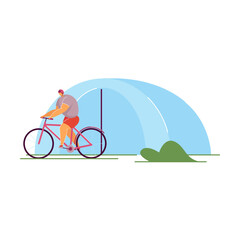 People enjoying camping. Flat vector illustration. Men riding a bicycle. Camping, nature, weekend