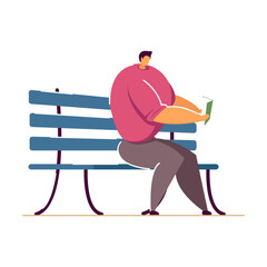 Man sitting on bench in park flat vector illustration. Cartoon character relaxing on picnic. Summer activity and leisure concept