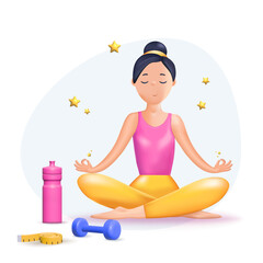 Interactive online yoga workout with personal coach on screen of mobile phone. Tiny man training at home, people practice meditation, sport exercises 3d vector illustration.